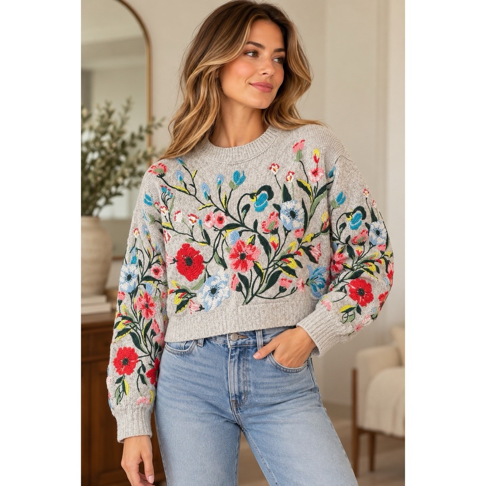 ZARA Limited Edition Floral Embroidered Knit Sweater Gray L Oversized Crop